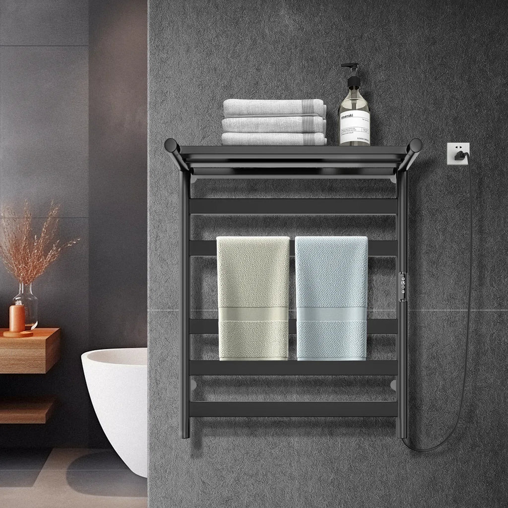 Electric Heated Towel Rack with Top Shelf Wall Mount Towel Warmer BT1006BK