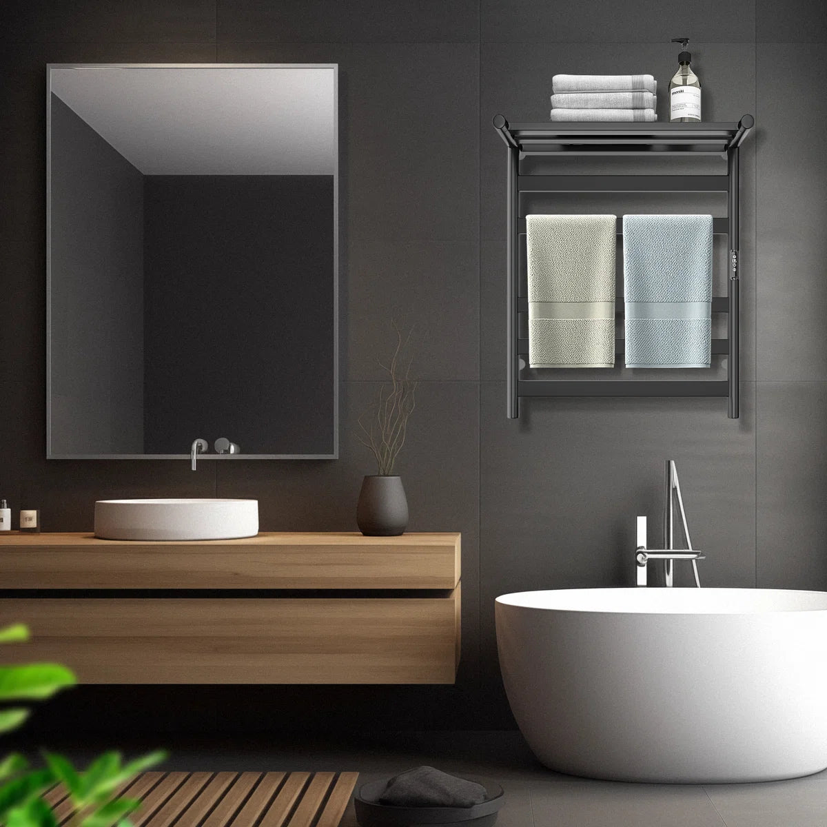 Electric Heated Towel Rack with Top Shelf Wall Mount Towel Warmer BT1006BK